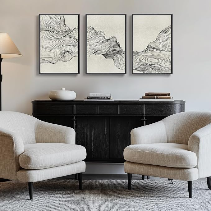 Framed Black and Beige Abstract Wall Art, 3 Piece Modern Canvas Prints by Cuspin
