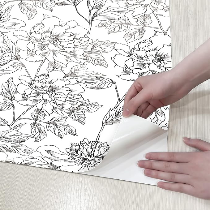 JiffDiff Peel and Stick Wallpaper Black and White Floral Wall Paper 17.3" x - Image 7