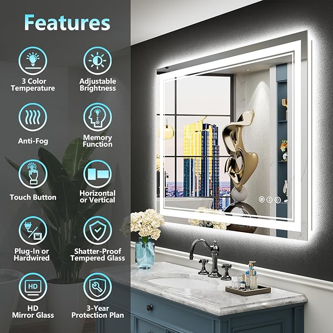 40x30 LED Bathroom Mirror with Lights, Backlit and Front Lit, Anti-Fog Lighted - Image 2