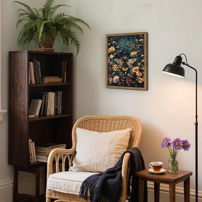 Vintage Framed Wall Art Bee Canvas Prints, Dark College Animals Flowers Wall - Image 6