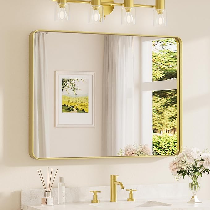 TETOTE 40 x 30 Inch Gold Bathroom Mirror, Brushed Brass Metal Frame Mirror by TETOTE
