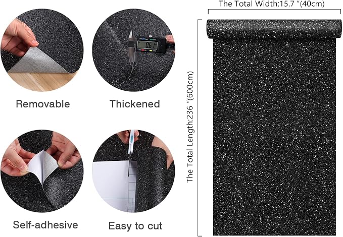CHIHUT Black Glitter Contact Paper 15.7''x236'' Self Adhesive Black Glitter - Image 9