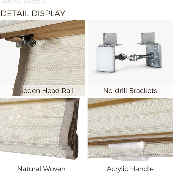 TWOPAGES Natural Woven No Drill Roman Shades, Custom Cordless Blackout Bamboo - Image 5