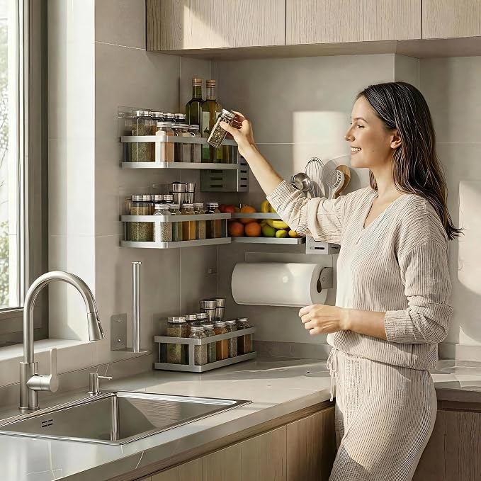 PUSDON 5-in-1 Shower Caddy & Kitchen Organizer Set, Wall Mount Wide Spice Rack - Image 2