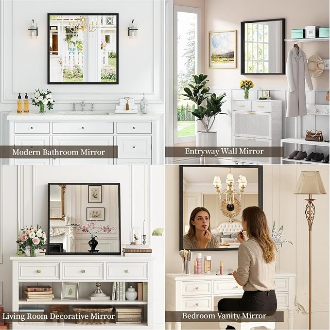 Syndra Square Black Wood Frame Bathroom Mirror, Waterproof Slim Deep Frame - Image 5