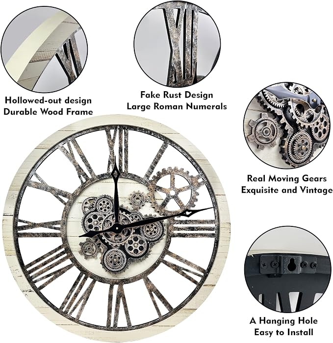 The B-Style Large Real Moving Gears Wall Clock 30 inch Rustic Retro Industrial - Image 4