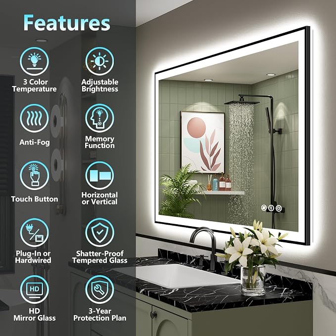 40x30 Black Framed LED Bathroom Mirror - Image 2