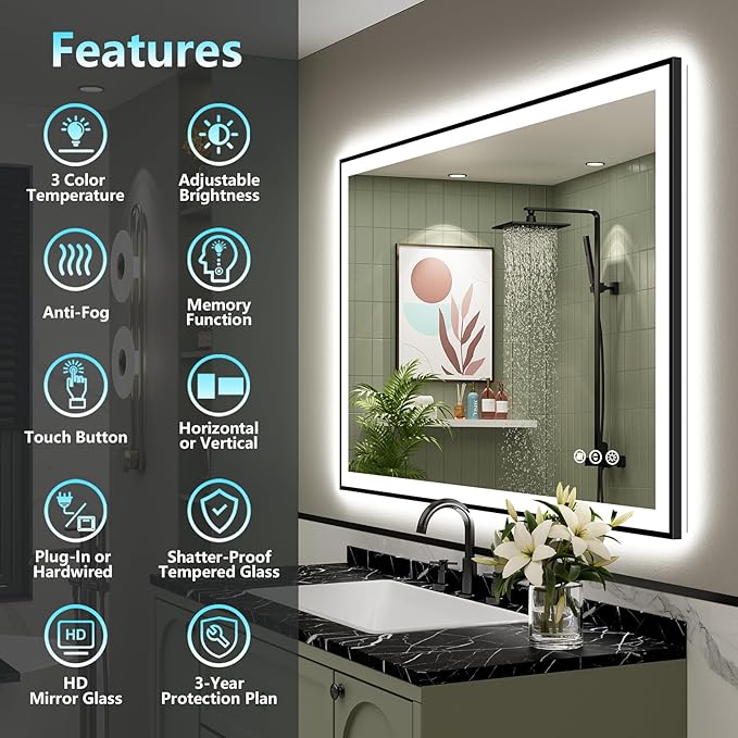 40x24 Black Framed LED Bathroom Mirror - Image 2