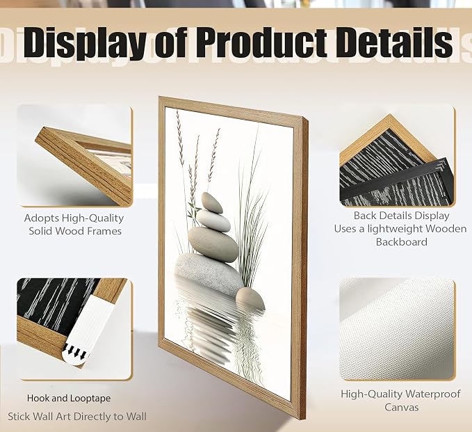Wooden Frame Zen Stone Canvas Wall Art, Stacked Stones in Water Poster Print. - Image 4