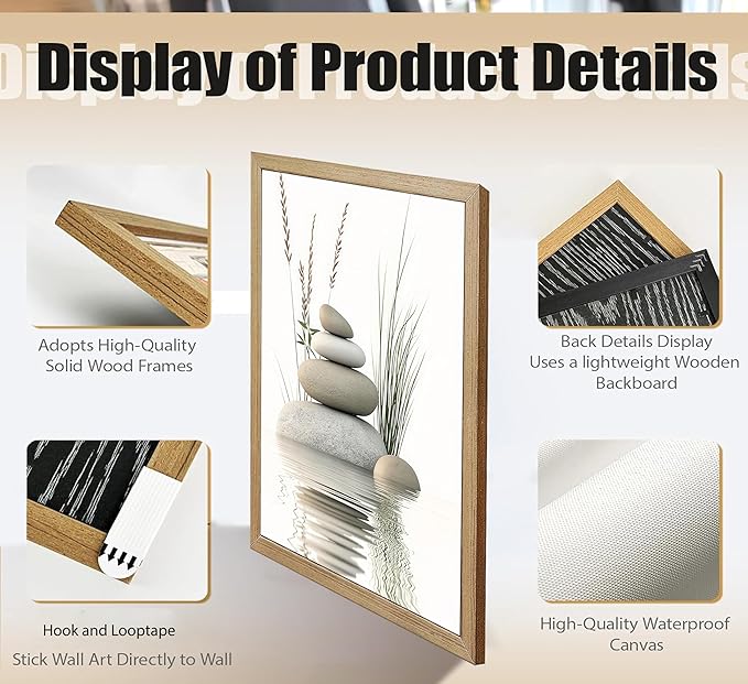 Wooden Frame Zen Stone Canvas Wall Art, Stacked Stones in Water Poster Print. - Image 4