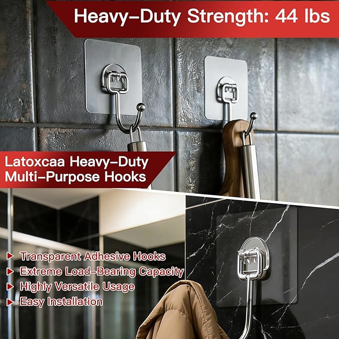 Latoxcaa Large Adhesive Hooks 8-Pack, Heavy Duty 44lb Wall Hooks - Image 6