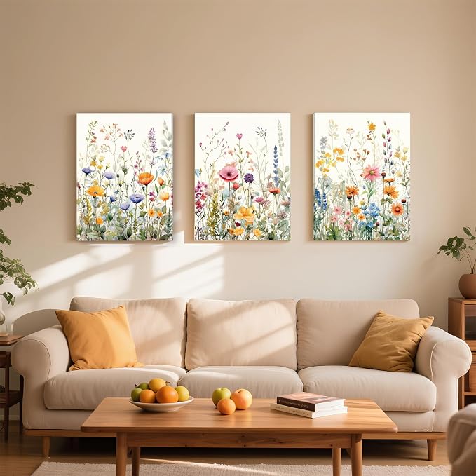 WRFON Wildflower Canvas Wall Art Set of 3, Unframed Botanical Floral Watercolor - Image 2