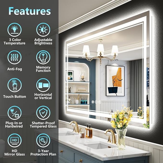 50x40 LED Bathroom Mirror with Lights, Backlit and Front Lit Anti-Fog Lighted - Image 2