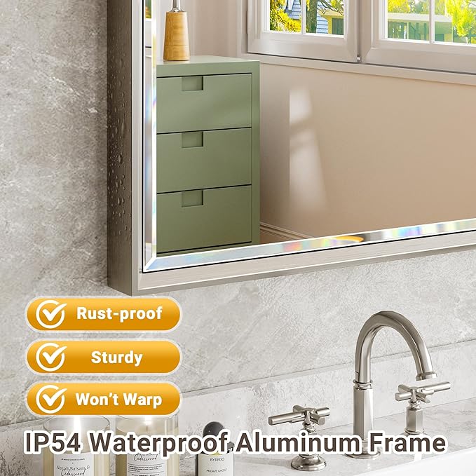 60 x 36 Brushed Nickel Bathroom Mirror, Beveled Framed Rectangle - Image 4