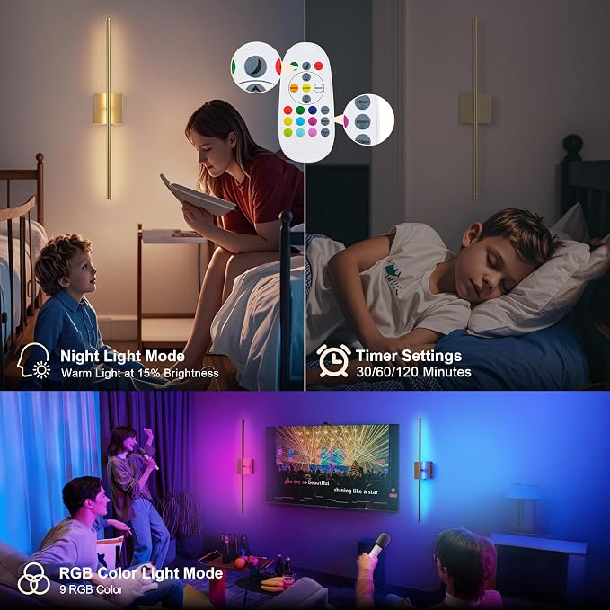 KARTOOSH 28.3 Inch 9 RGB Color Battery Operated Wireless Wall Sconces Set of Two - Image 7