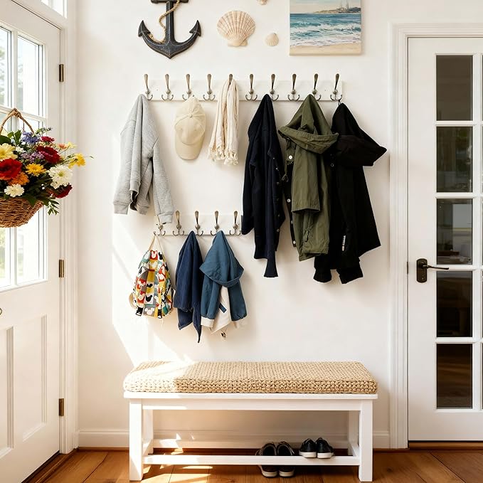 SKOLOO Creations White Solid Wood Wall Mounted Coat Rack, 10 Hooks, 38-1/8" Long - Image 4