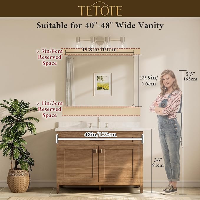 TETOTE 40 x 30 Inch Gold Bathroom Mirror, Brushed Brass Metal Frame Mirror - Image 8
