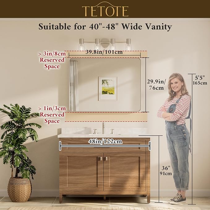 TETOTE 40 x 30 Inch Black Frame Mirror, Bathroom Vanity Mirror - Image 8