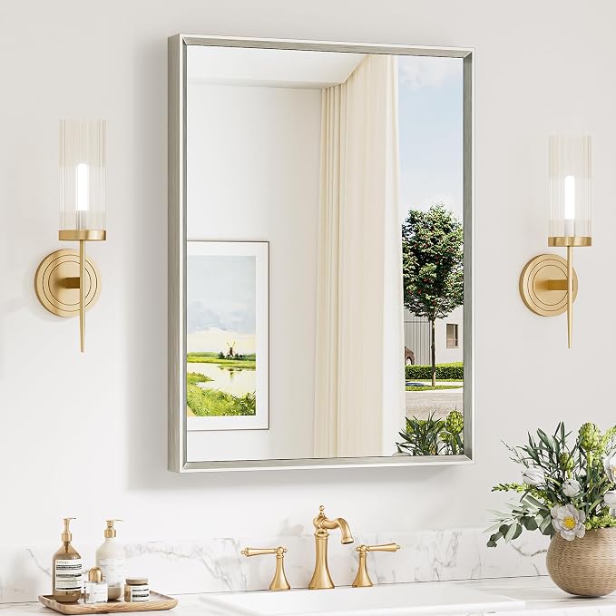 Keonjinn 24 x 32 Inch Brushed Nickel Bathroom Mirror, Beveled Rectangle Framed by Keonjinn