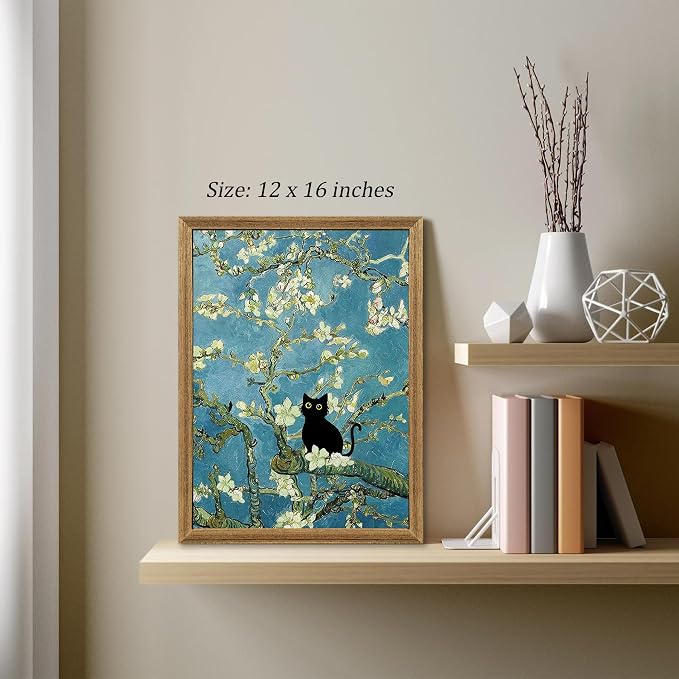 Fantasy Artists Van Gogh's Almond Blossom Funny Black Cat Canvas Wall Art - Image 2