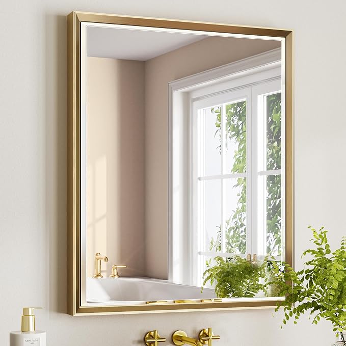 Gold Bathroom Mirror, 30x36 Brushed Gold Bathroom Mirror Beveled Edge, by QUEENFUN
