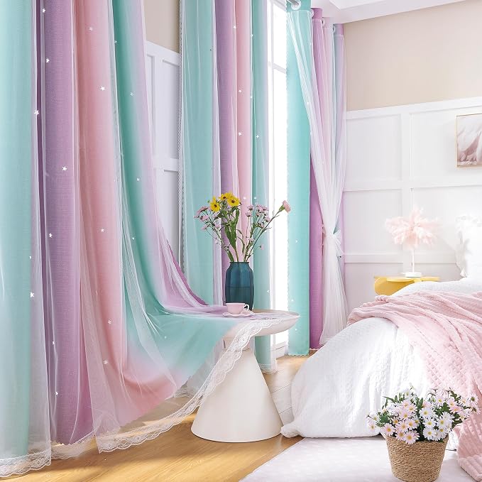 XiDi Curtains for Bedroom Decor, Rainbow PinkPuGreen-62-84 by Addsomecolortolife