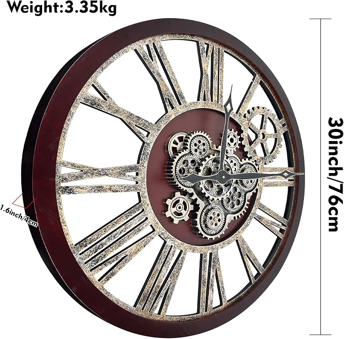 The B-Style Large Real Moving Gears Wall Clock 30 inch Rustic Retro Industrial - Image 4
