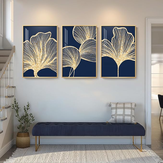 Framed Modern Luxury Wall Art for Living Room, Large Navy Blue and Gold Ginkgo - Image 4