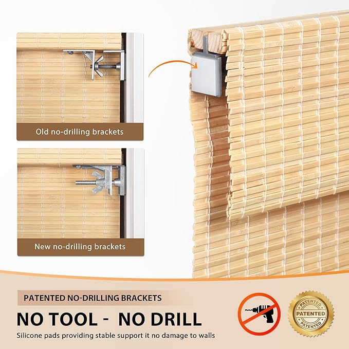 LazBlinds No Tools No Drill Cordless Bamboo Roman Shades, Privacy Window - Image 3