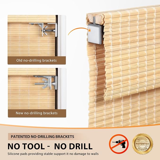 LazBlinds No Tools No Drill Cordless Bamboo Roman Shades, Privacy Window - Image 3