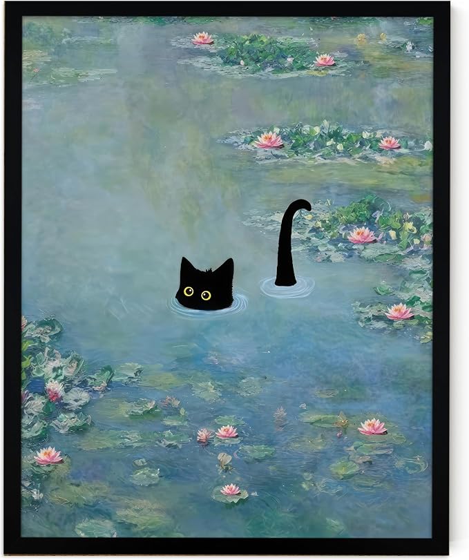 Fantasy Artists Monet Water Lilies Cat Wall Art, Framed Vintage Canvas Art Wall by Unknown