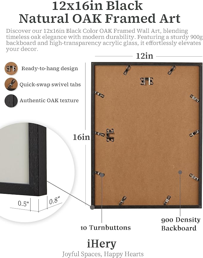 iHery Premium Natural Black OAK Wood 12x16in Trendy Framed Wall Art, Retro - Image 6