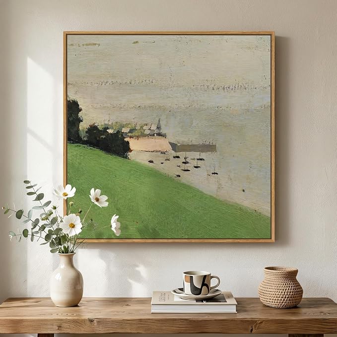 Framed Green Abstract Landscape Wall Art, Modern Minimalist Coastal Canvas by Cuspin
