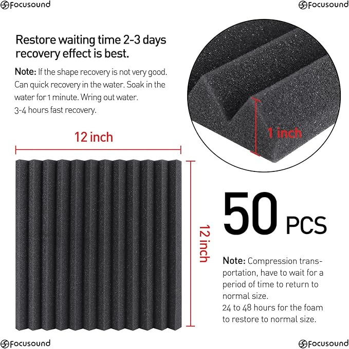 Focusound 50 Pack Acoustic Foam Panels 1" x 12" x 12" Sound Proof Foam Panles - Image 4