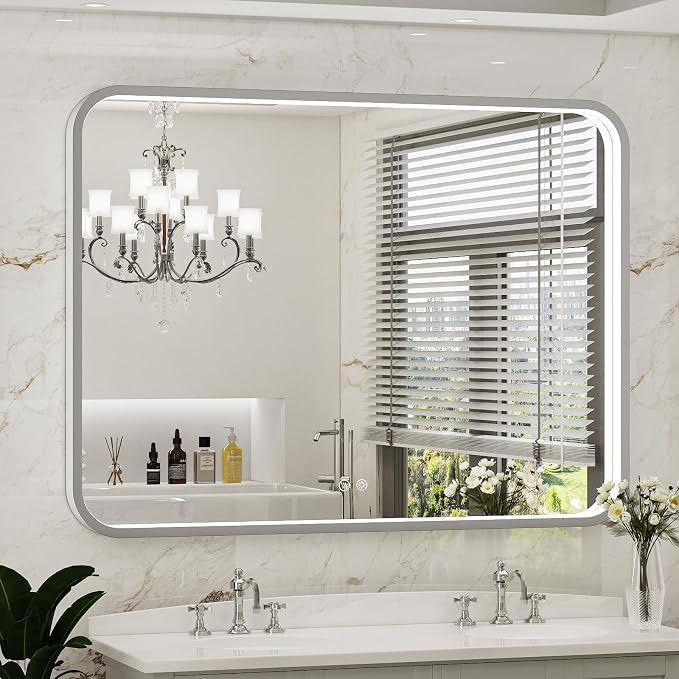 LED Bathroom Mirror with Lights, 48x36 Inch Brushed Silver Framed Lighted by FTOTI
