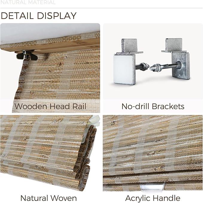 TWOPAGES Natural Woven No Drill Roman Shades, Custom Cordless Blackout Bamboo - Image 5