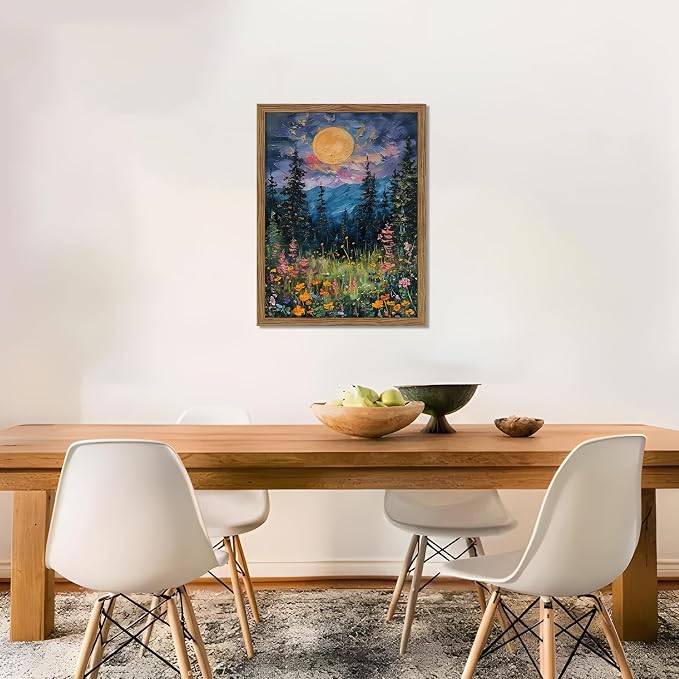 Framed Nature Forest Canvas Wall Art, Full Moon above Wildflowers and Woodland - Image 7