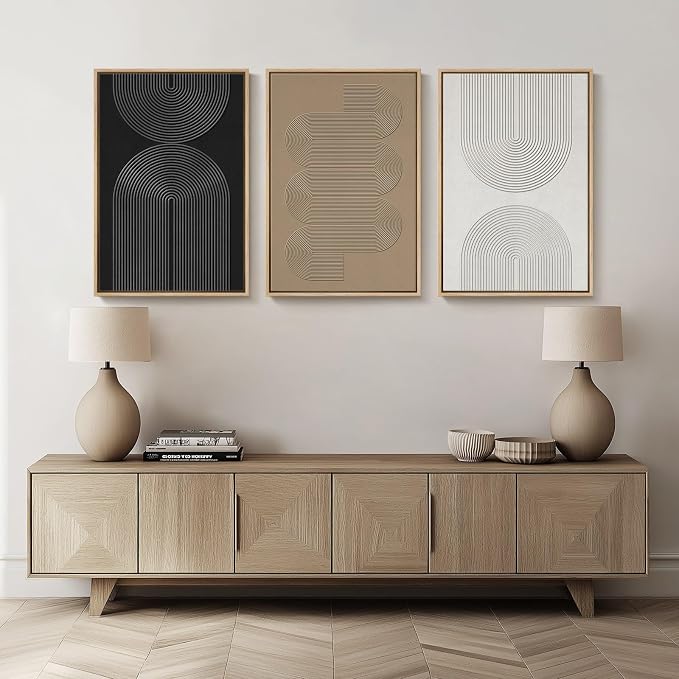Large Framed Black and White Neutral Abstract Wall Art, 3 Piece Minimalist - Image 4