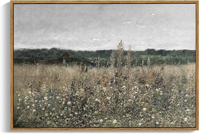 OIQArtOIQ Vintage Framed Wall Art Wildflower Field Meadow Canvas Art Prints by OIQArtOIQ