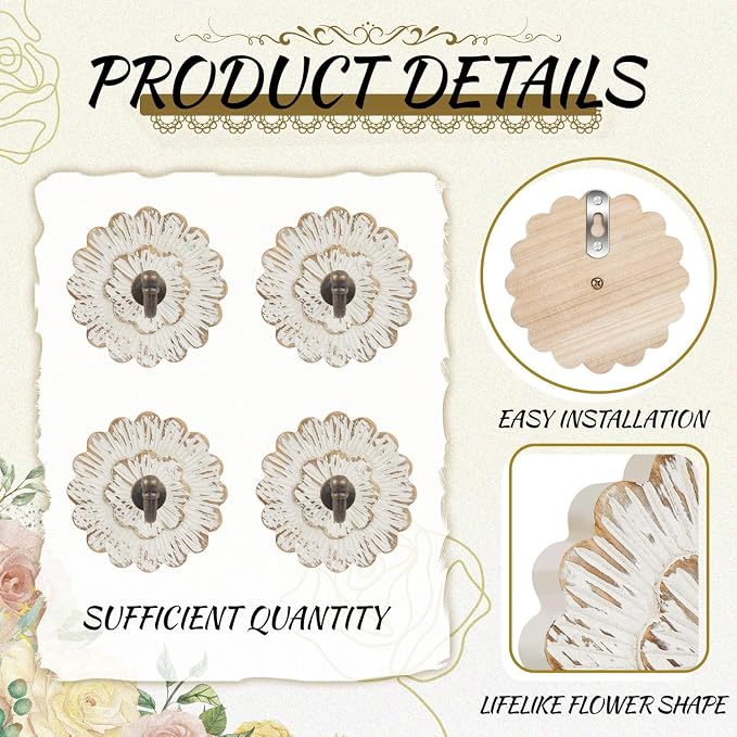 Weysat 4 Pcs Vintage Hooks for Wall Wood Farmhouse Towel Hooks Shabby Chic Wall - Image 3