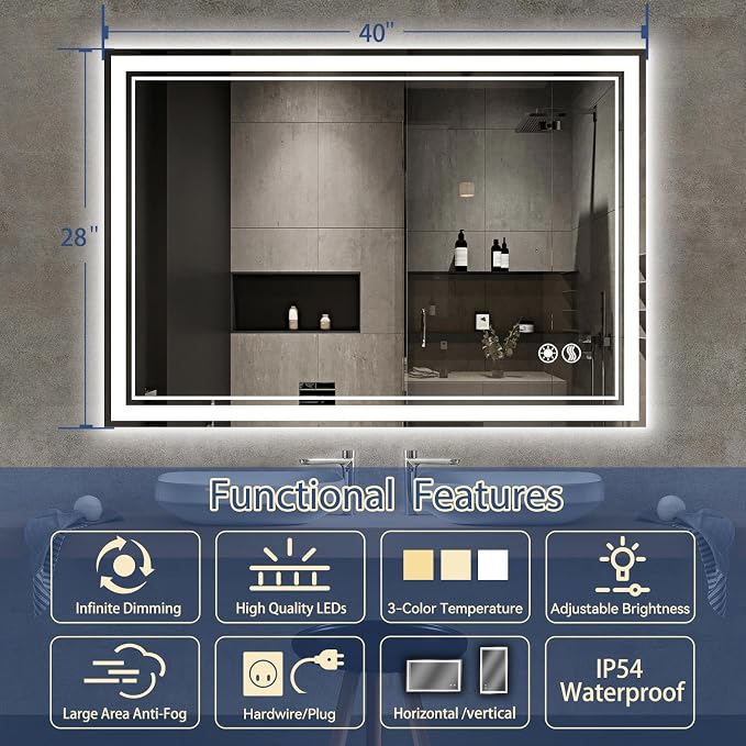 28“ x 40” LED Bathroom Mirror Fogless LED Mirror - Image 2