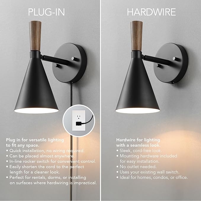 Globe Electric Plug-in or Hardwire Wall Sconce, Matte Black, Wood-Tone Switch - Image 6