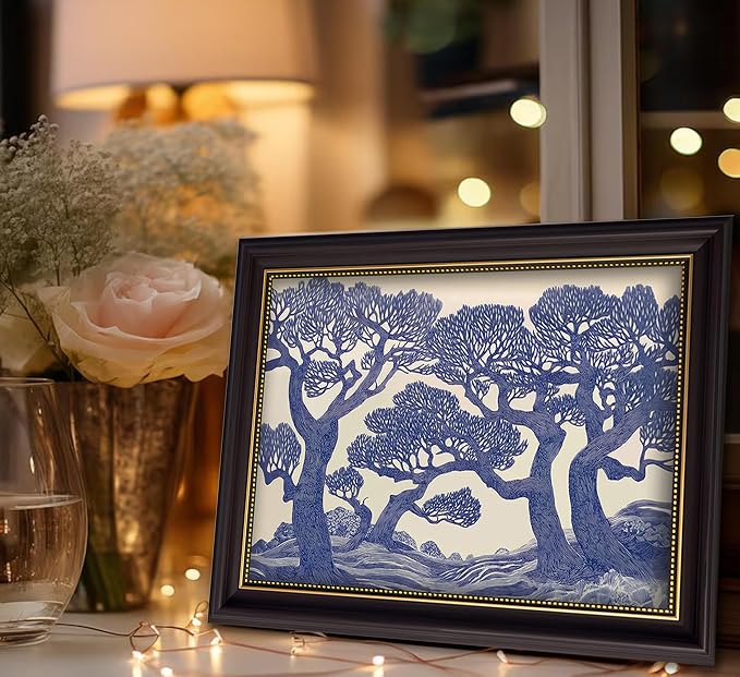 Vintage Gold Framed Wall Art Oak Tree Forest Painting Canvas Prints Blue - Image 6