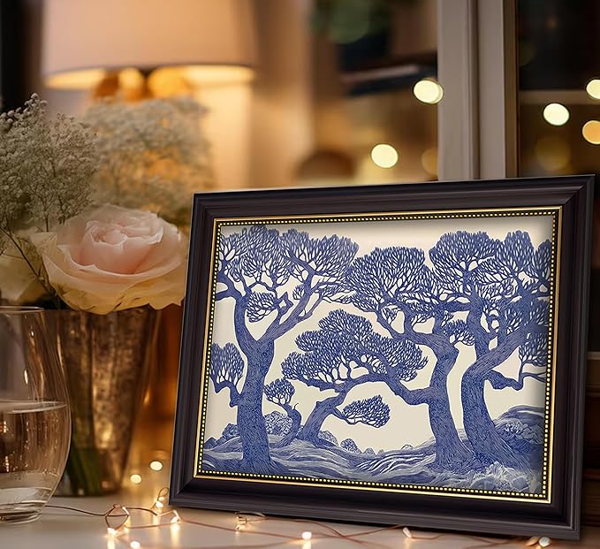 Vintage Gold Framed Wall Art Oak Tree Forest Painting Canvas Prints Blue - Image 9