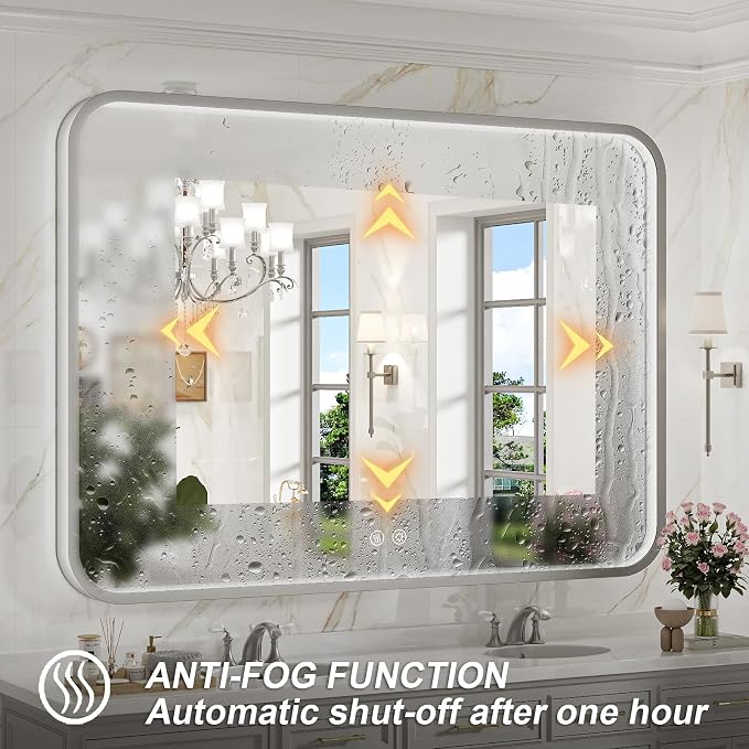 LED Bathroom Mirror with Lights, 43x36 Inch Brushed Silver Framed Lighted - Image 4