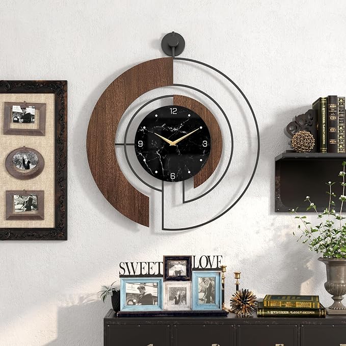 Modern Walnut Marble Dial Wall Clock, Large Wood Metal Frame Silent Non Ticking - Image 6