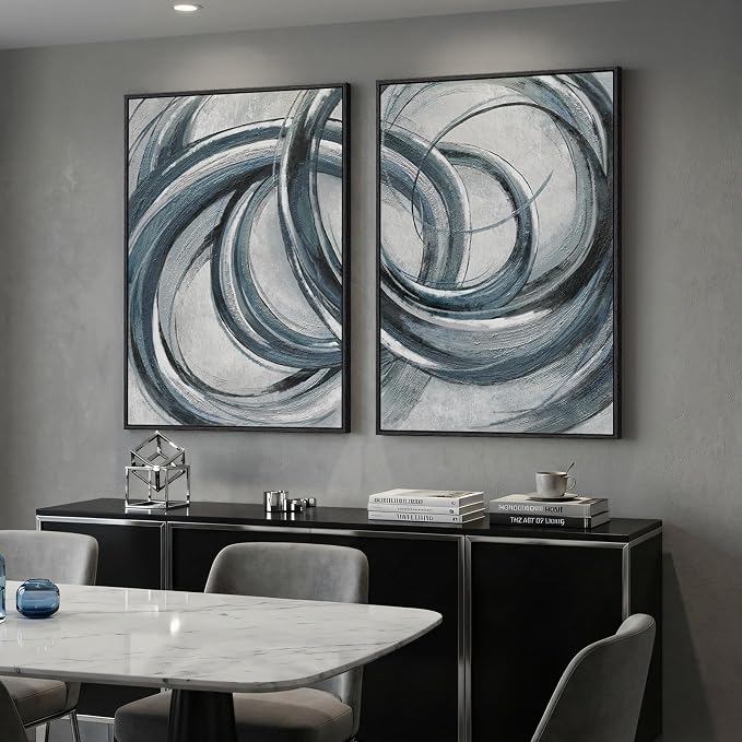 Framed Blue Gray Abstract Wall Art Set of 2, Modern Circle Line Canvas Artwork - Image 2