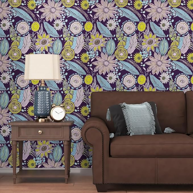 Purple Boho Wallpaper Peel and Stick, Vintage Yellow Floral Contact Paper - Image 6