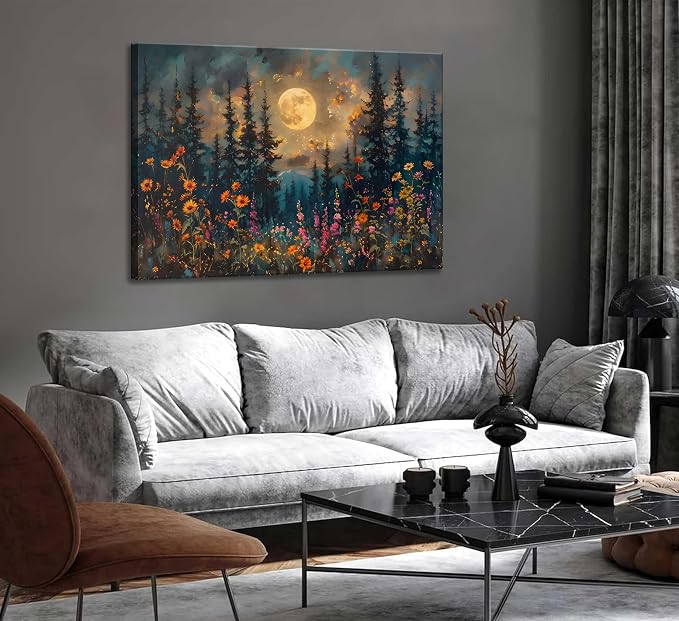 Full Moon Forest Canvas Wall Art Moonlit Pine Tree Mountains and Wildflowers - Image 5