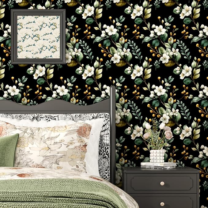 Black Floral Wallpaper Peel and Stick, Vintage Dark Green Leaves - Image 2